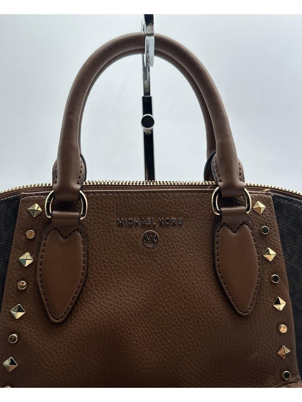 Michael Kors Brown Studded Logo Canvas Leather Satchel Handbag Gold Hardware COA